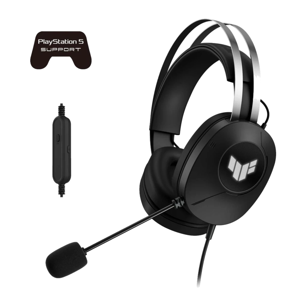 ASUS TUF Gaming H1 Gen II preto, vista lateral esquerda: logo TUF no auricular, microfone boom e arco prateado - Item2
