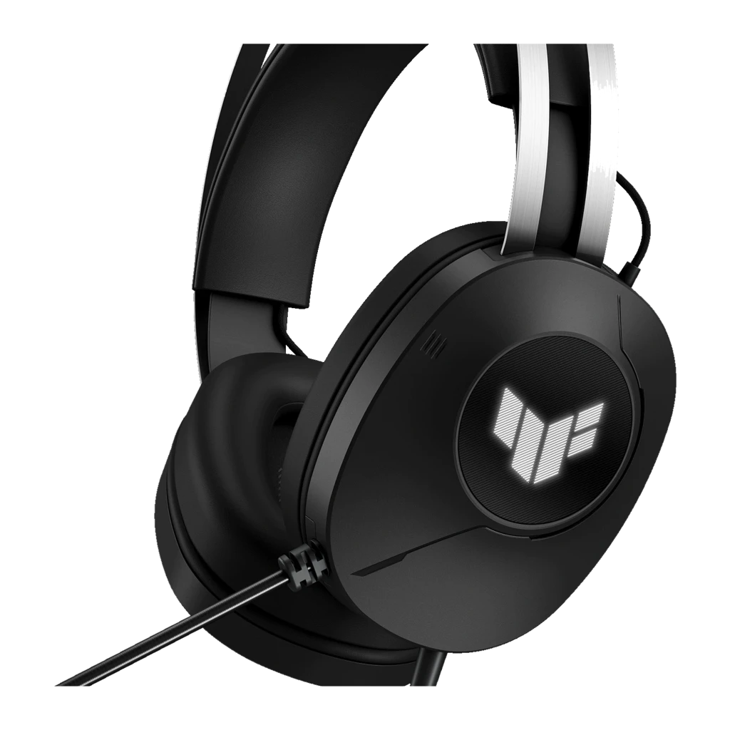 ASUS TUF Gaming H1 Gen II preto, vista lateral esquerda: logo TUF no auricular, microfone boom e arco prateado - Item3