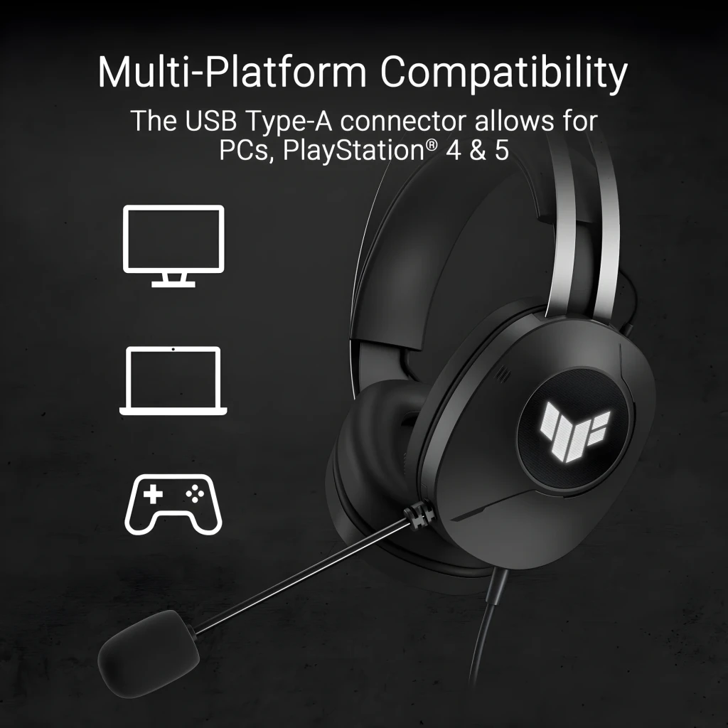 ASUS TUF Gaming H1 Gen II preto, vista lateral esquerda: logo TUF no auricular, microfone boom e arco prateado - Item7