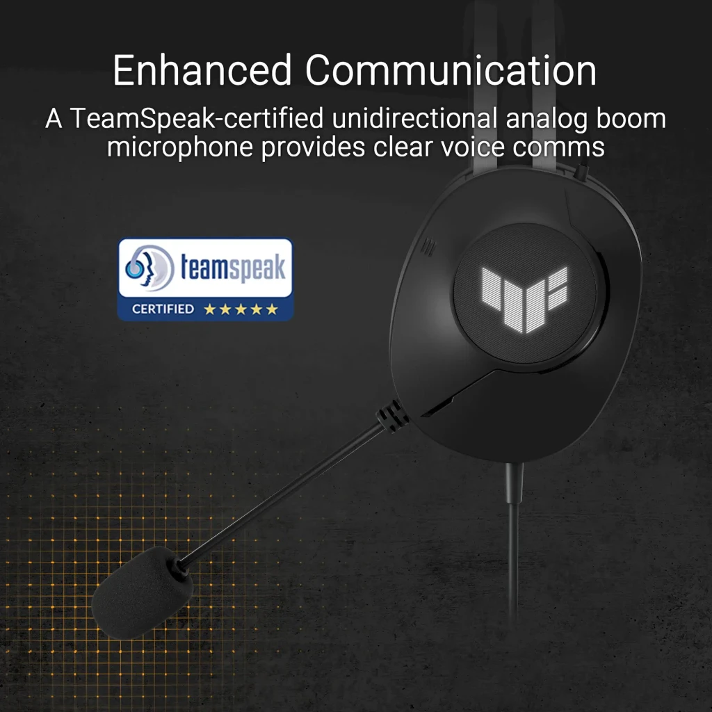 ASUS TUF Gaming H1 Gen II preto, vista lateral esquerda: logo TUF no auricular, microfone boom e arco prateado - Item8
