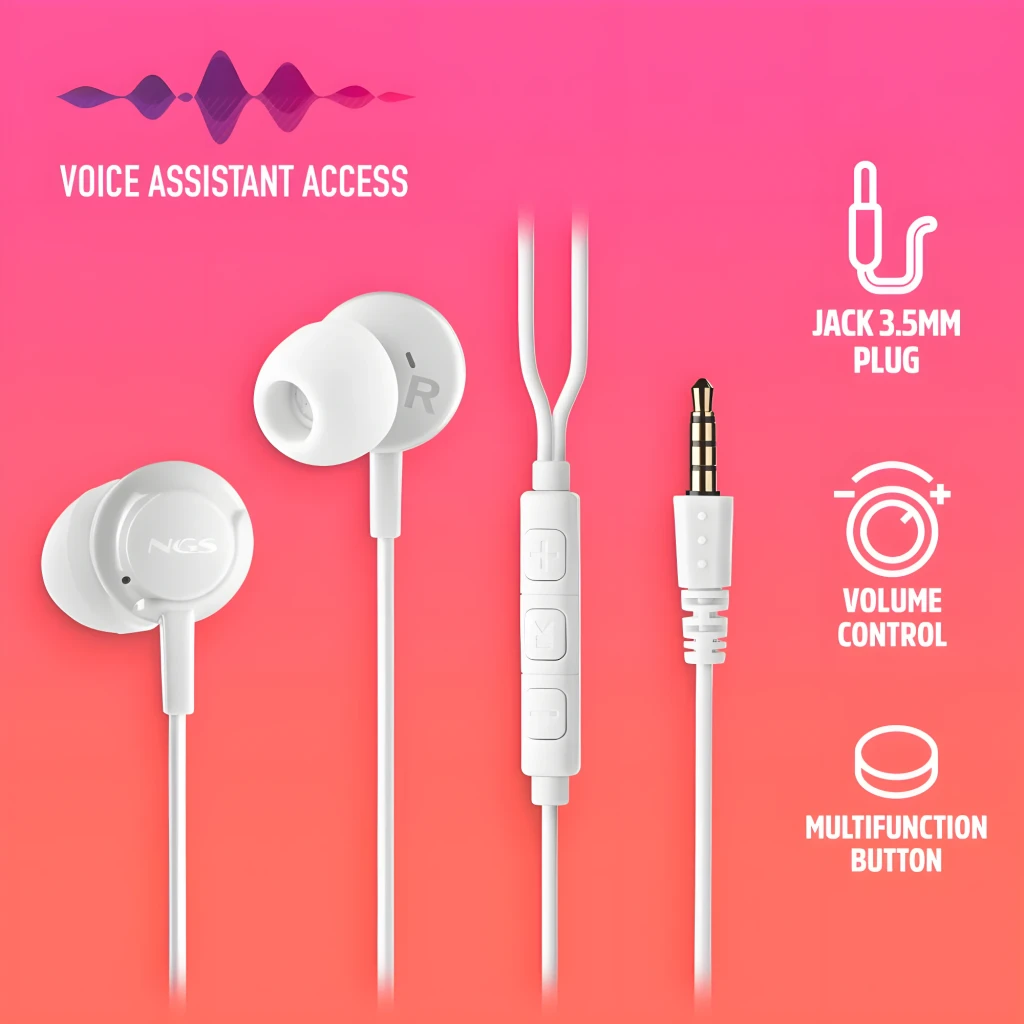 NGS Cross Drift blanco, vista detalle: auriculares in-ear con cable, mando inline con 3 botones y jack 3.5mm dorado - Ítem3