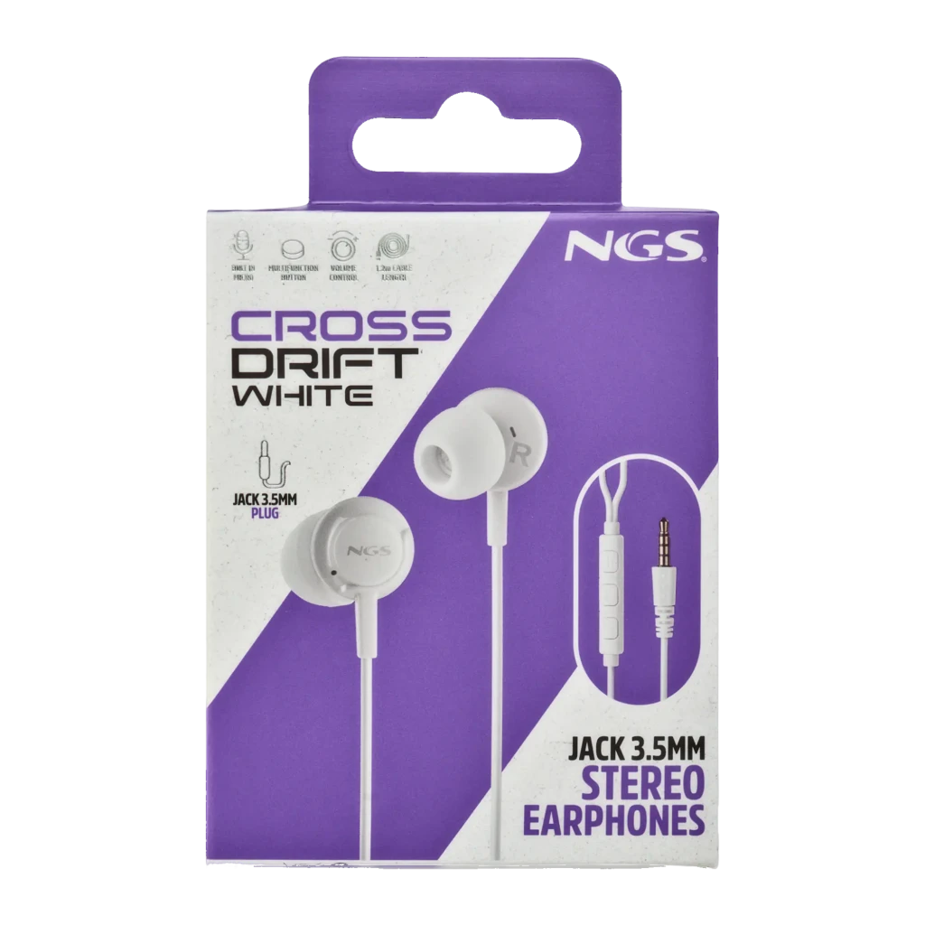 NGS Cross Drift blanco, vista detalle: auriculares in-ear con cable, mando inline con 3 botones y jack 3.5mm dorado - Ítem6