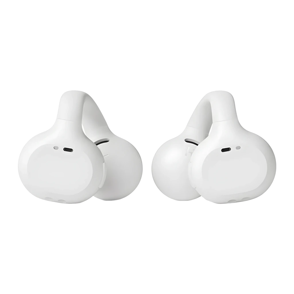 Philips TAQ2000WT Open-Ear True Wireless Branco, vista frontal: dois auriculares e estojo aberto com logo Philips visível - Item1