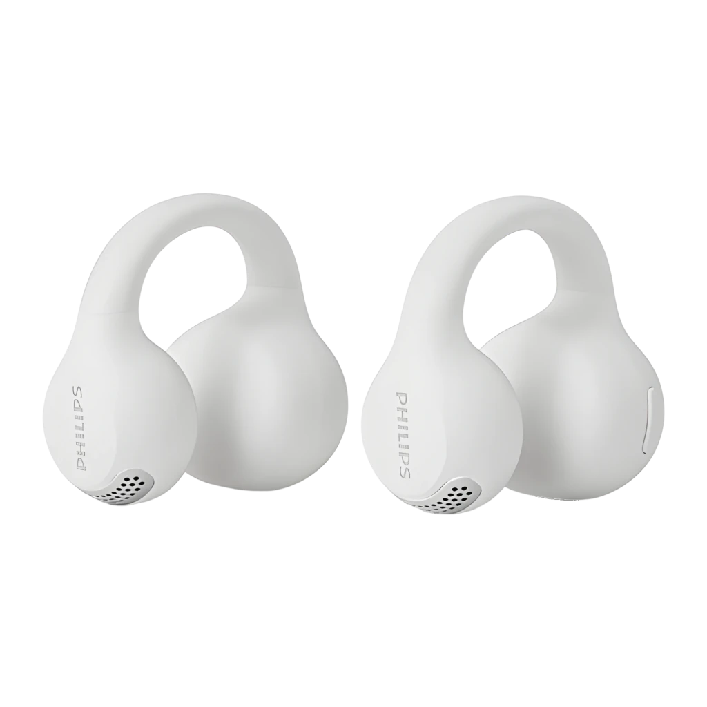Philips TAQ2000WT Open-Ear True Wireless Branco, vista frontal: dois auriculares e estojo aberto com logo Philips visível - Item2