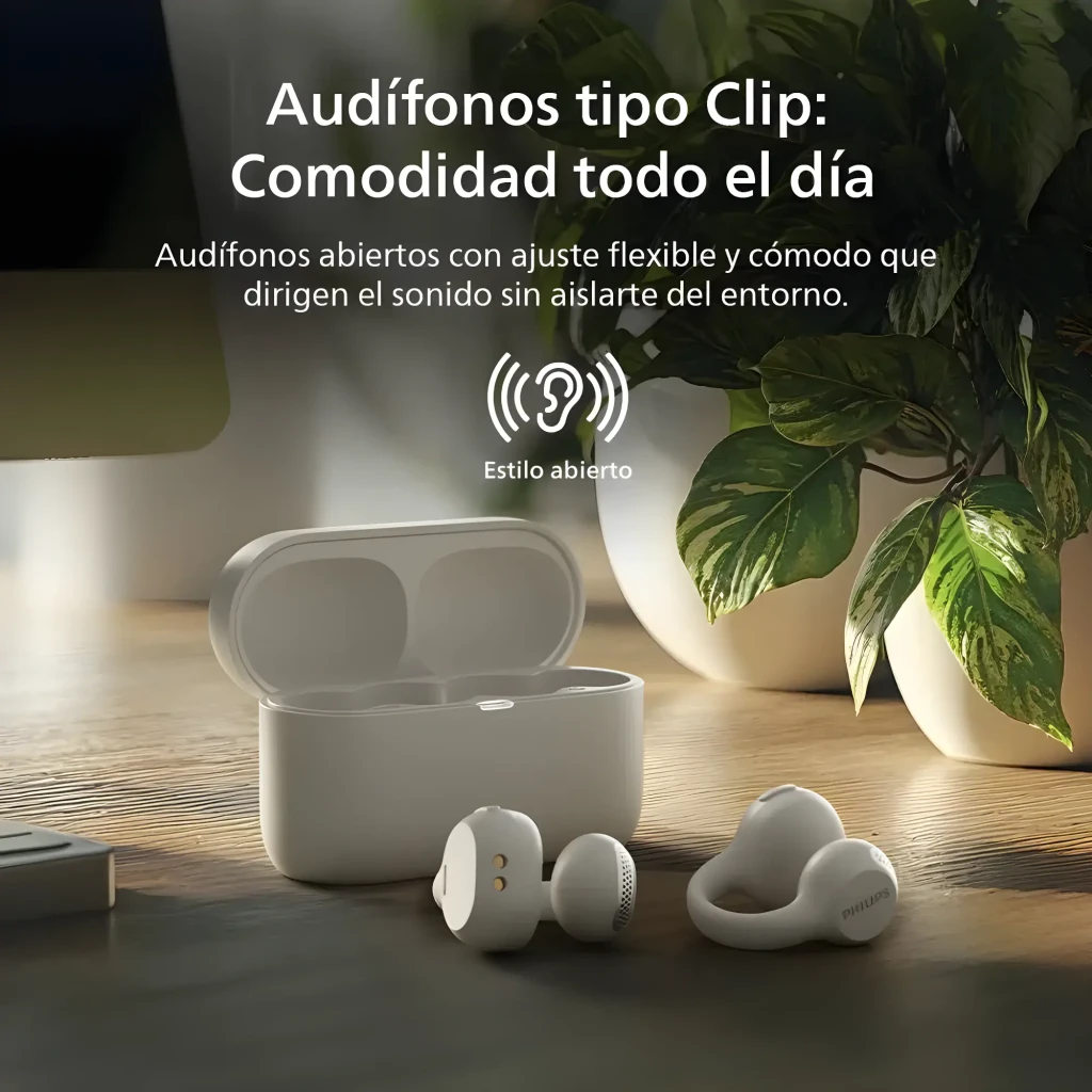 Philips TAQ2000WT Open-Ear True Wireless Branco, vista frontal: dois auriculares e estojo aberto com logo Philips visível - Item5