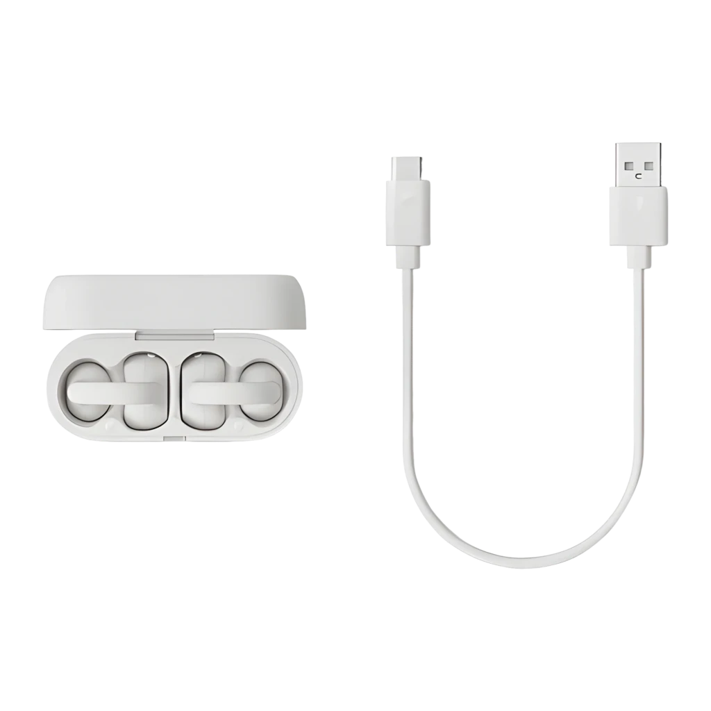 Philips TAQ2000WT Open-Ear True Wireless Branco, vista frontal: dois auriculares e estojo aberto com logo Philips visível - Item4