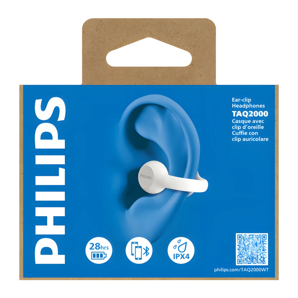 Philips TAQ2000WT Open-Ear True Wireless Branco, vista frontal: dois auriculares e estojo aberto com logo Philips visível - Item7