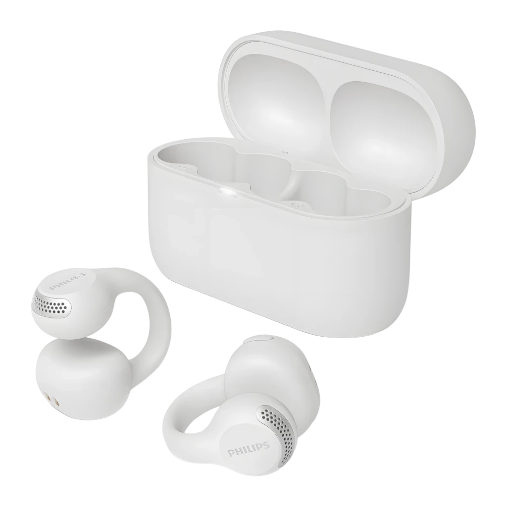 Philips TAQ2000WT Open-Ear True Wireless Branco, vista frontal: dois auriculares e estojo aberto com logo Philips visível - Item8