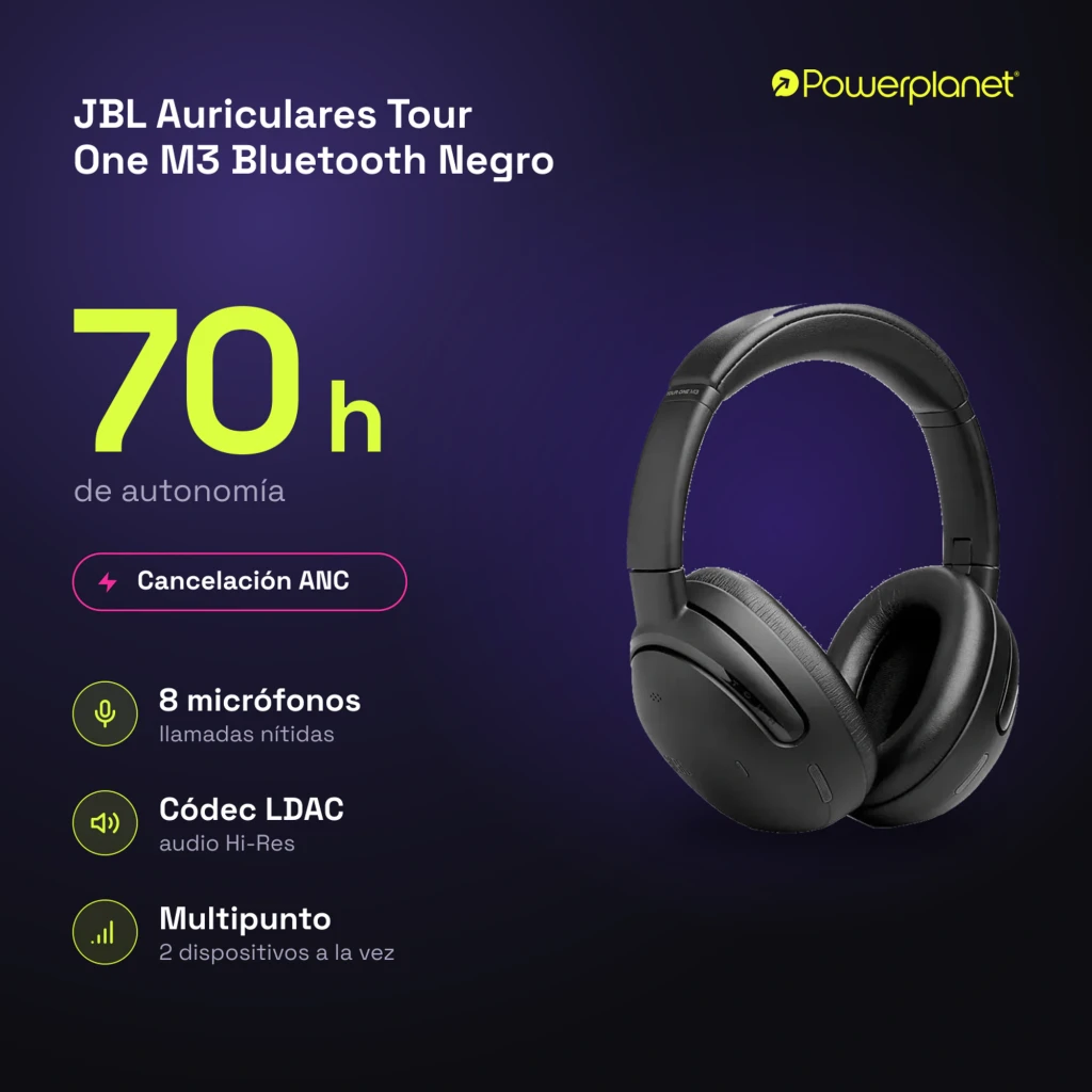 JBL Tour One M3 Bluetooth Noir, vue de face en angle: arceau rembourré, coussinets et commandes sur la coque gauche - Ítem9