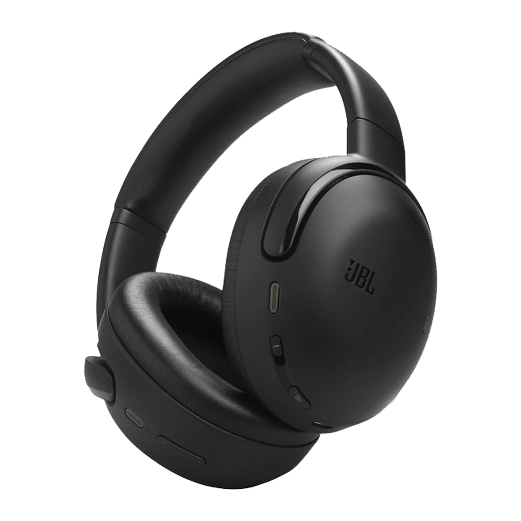JBL Tour One M3 Bluetooth Noir, vue de face en angle: arceau rembourré, coussinets et commandes sur la coque gauche - Ítem1