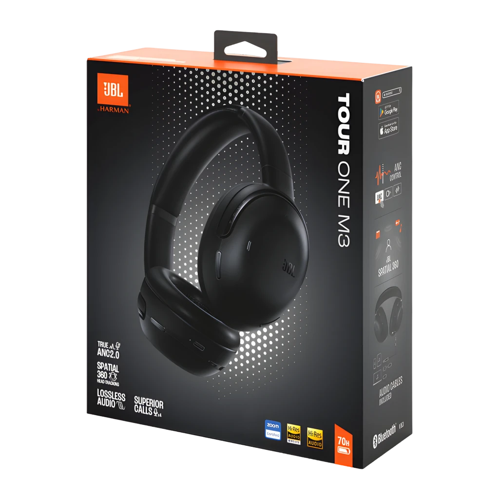 JBL Tour One M3 Bluetooth Noir, vue de face en angle: arceau rembourré, coussinets et commandes sur la coque gauche - Ítem6