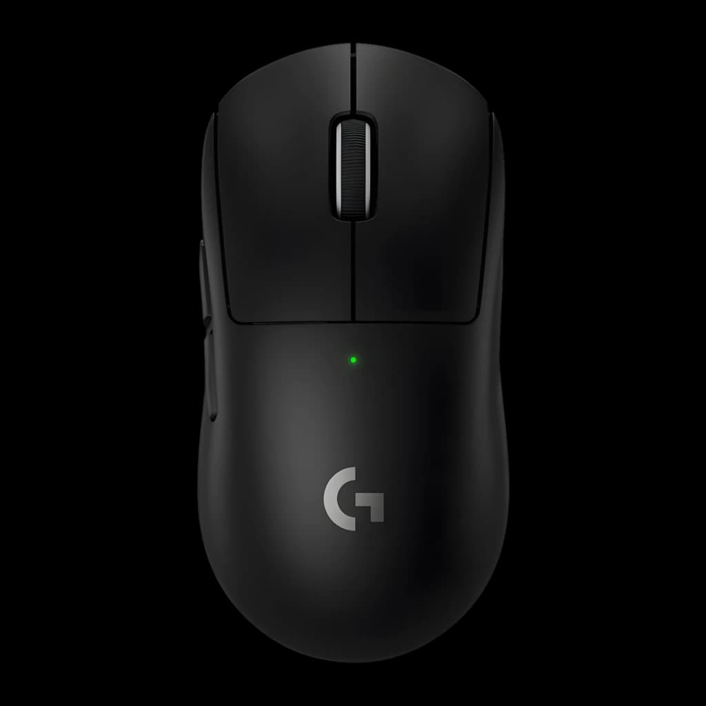 Logitech Rato G PRO X Superlight 2 Preto, vista superior: roda de scroll, LED verde e logótipo G prateado em corpo mate