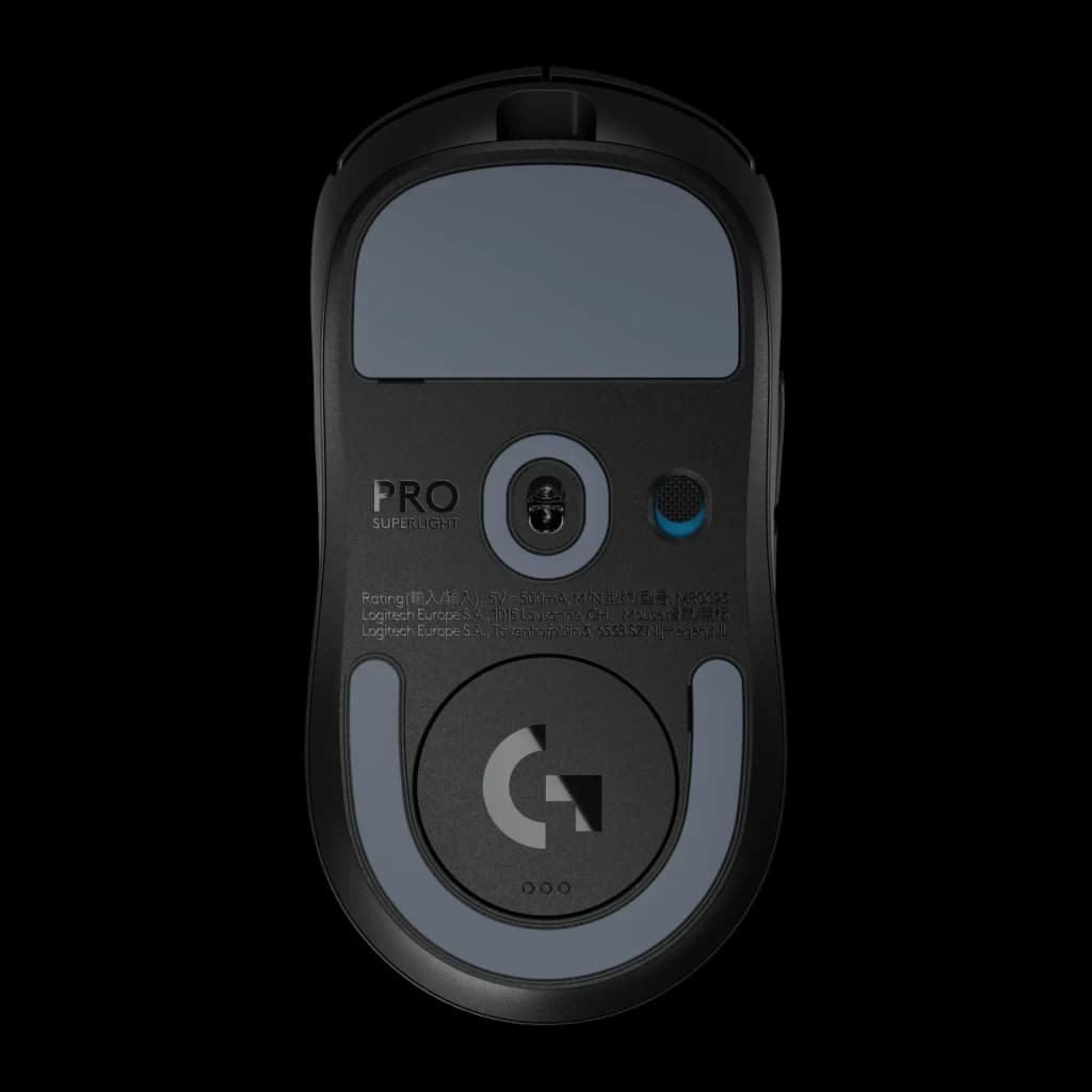 Logitech Rato G PRO X Superlight 2 Preto, vista inferior: sensor óptico, interruptor on/off, logo G e pés deslizantes