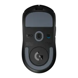 Logitech Rato G PRO X Superlight 2 Preto, vista inferior: sensor óptico, interruptor on/off, logo G e pés deslizantes
