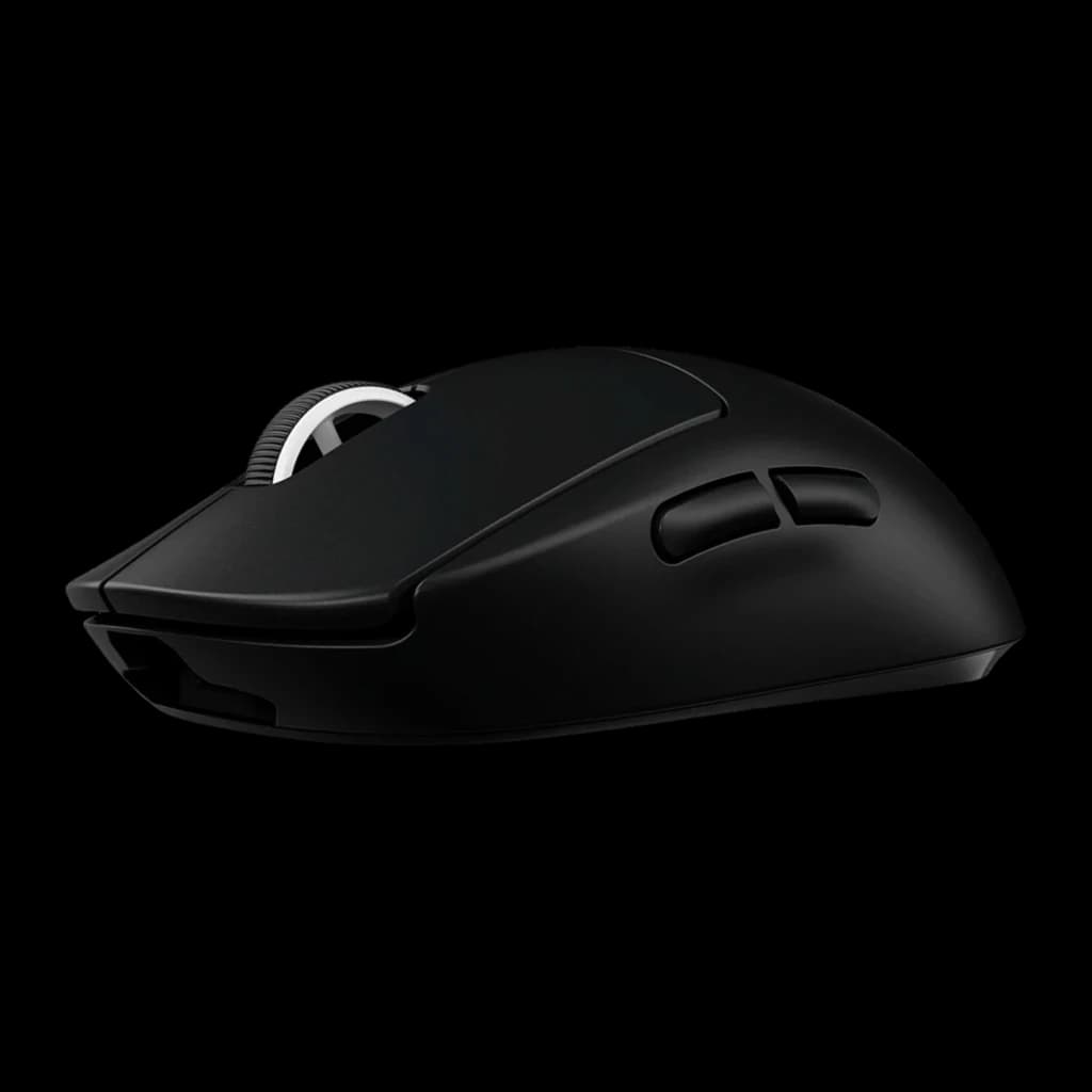 Logitech Rato G PRO X Superlight 2 Preto, vista lateral direita: dois botões laterais e roda branca visíveis em ângulo