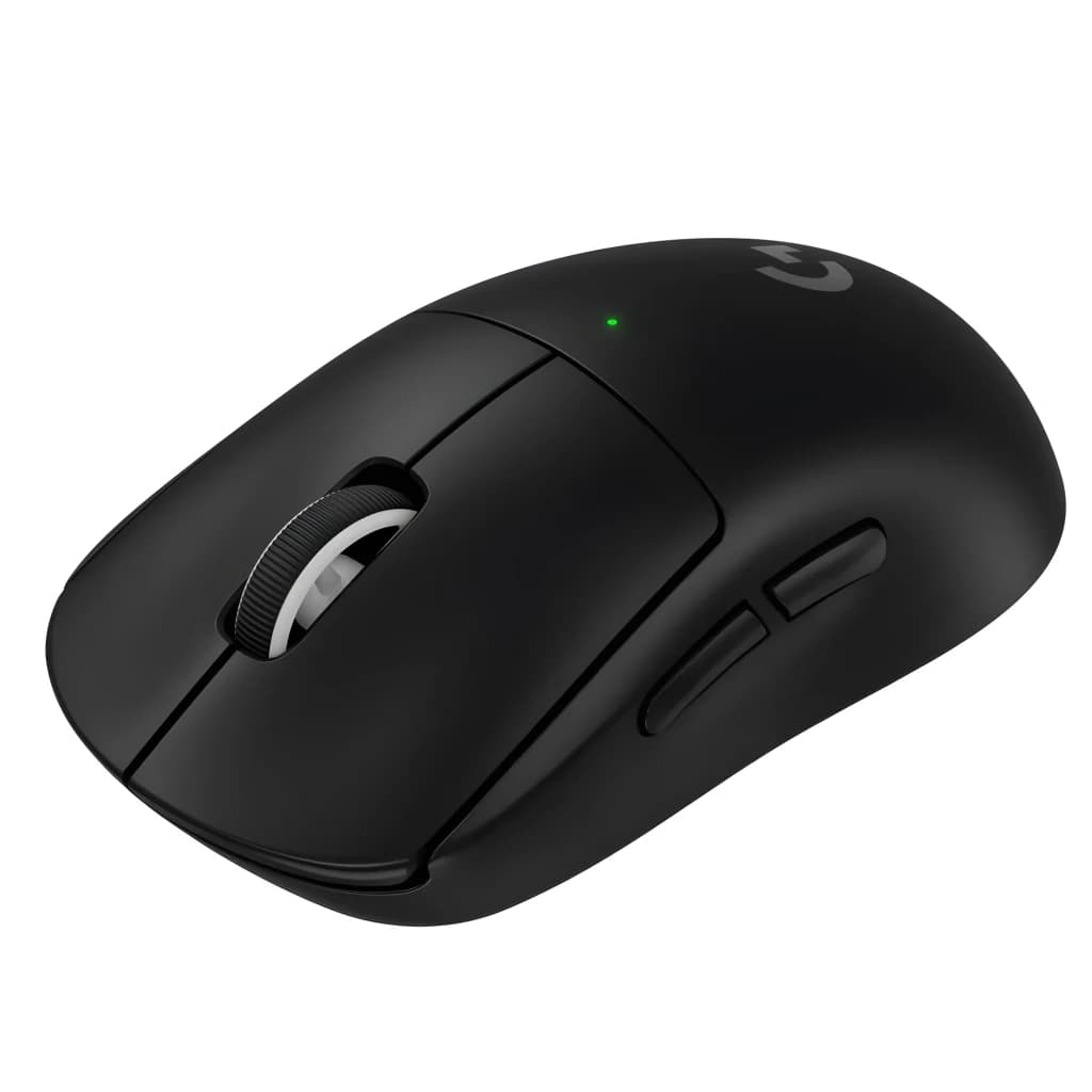 Logitech Rato G PRO X Superlight 2 Preto, vista superior em ângulo: roda, LED verde e logótipo G visíveis