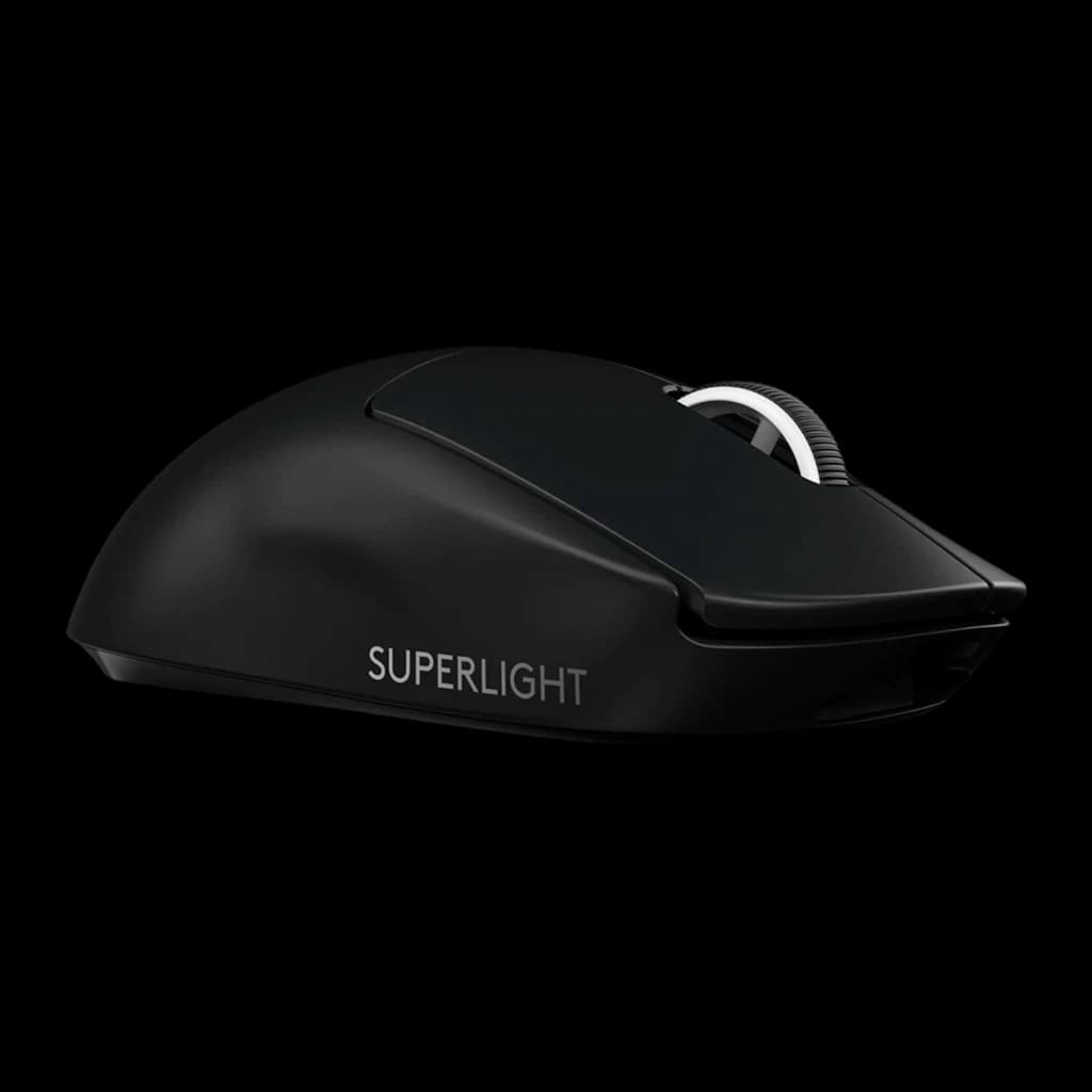 Logitech Rato G PRO X Superlight 2 Preto, vista lateral esquerda: carcaça mate, roda branca e logótipo SUPERLIGHT gravado