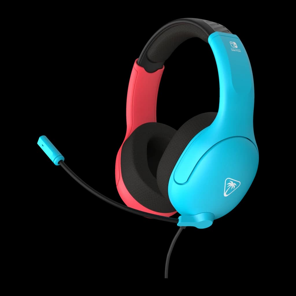 Turtle Beach Airlite Fit Neon Blue & Red azul, vista lateral: auricular azul y rojo con micrófono flexible y logo Nintendo