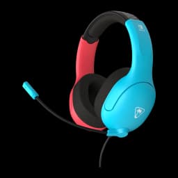 Turtle Beach Airlite Fit Neon Blue & Red azul, vista lateral: auricular azul y rojo con micrófono flexible y logo Nintendo