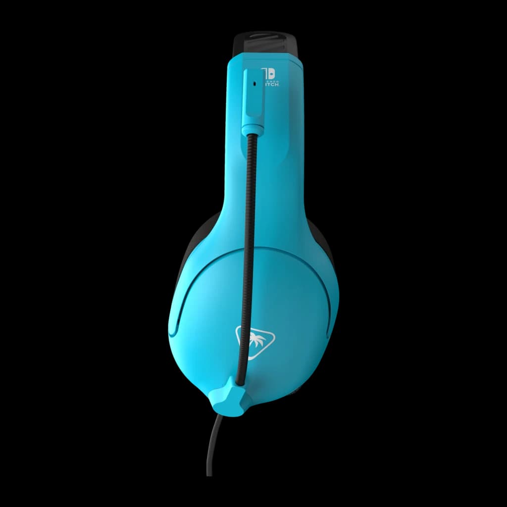 Turtle Beach Airlite Fit Neon Blue azul, vista lateral: auricular izquierdo, micrófono flexible y logo Nintendo Switch