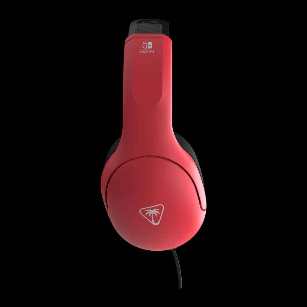 Turtle Beach Airlite Fit Neon Blue & Red azul, vista lateral: auricular rojo con logo Turtle Beach, diadema y cable visibles