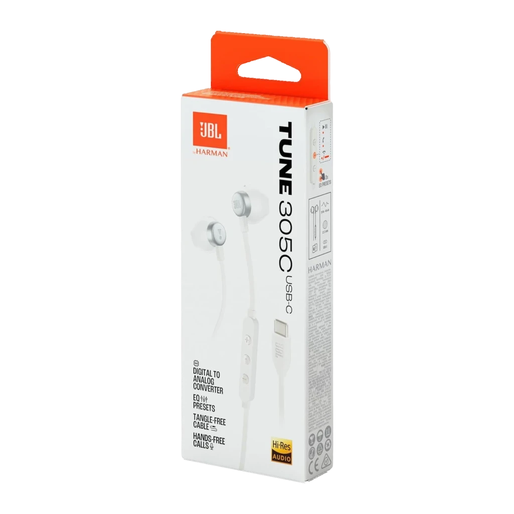 JBL Tune 305C USB-C Branco, vista aberta: fones in-ear com cabo, controlo em linha e conector USB-C - Item3