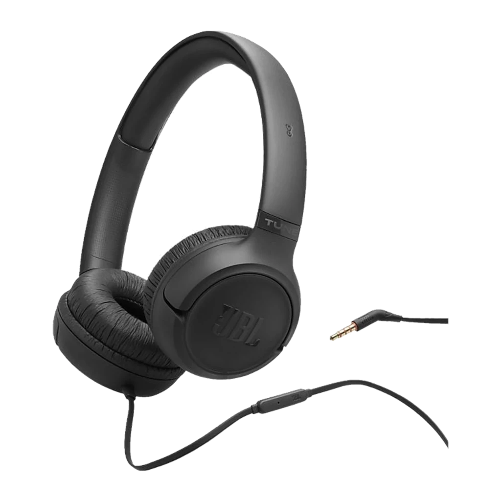 JBL Tune 530 Noir, vue latérale: casque on-ear avec arceau rembourré, coussinets et logo JBL sur le pavillon - Ítem1
