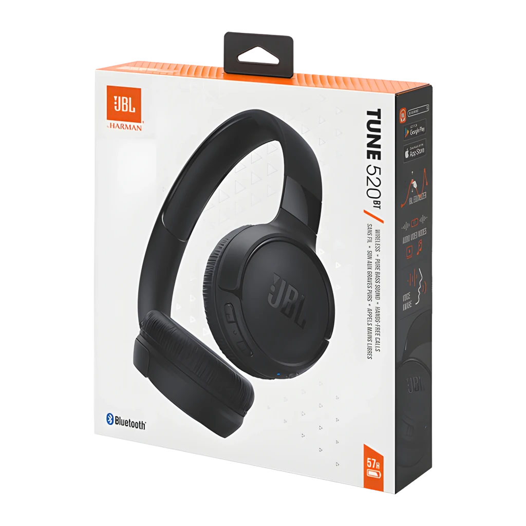 JBL Tune 520BT noir, vue en angle: écouteur droit avec logo JBL et boutons de volume visibles - Ítem5