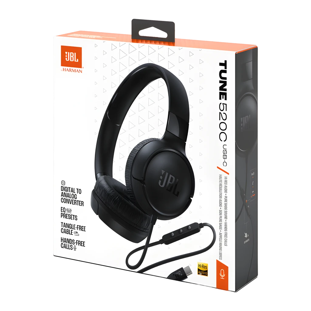 JBL Tune 520C USB-C noir, vue latérale: casque complet avec arceau, coussinets et connecteur USB-C avec télécommande sur - Ítem3