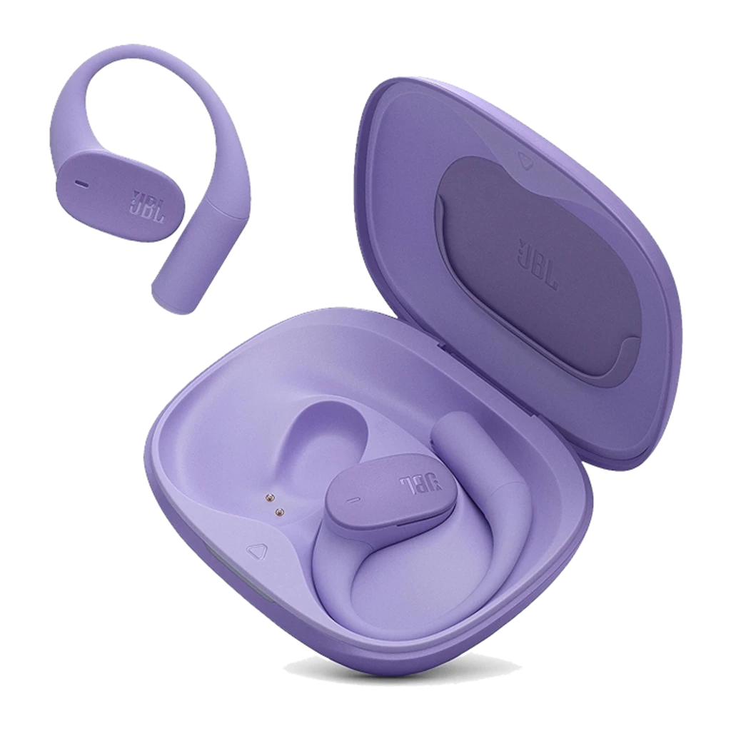 JBL Sense Lite True Wireless Open Earbuds púrpura, vista principal: estuche abierto con logo JBL y auricular derecho con - Ítem1