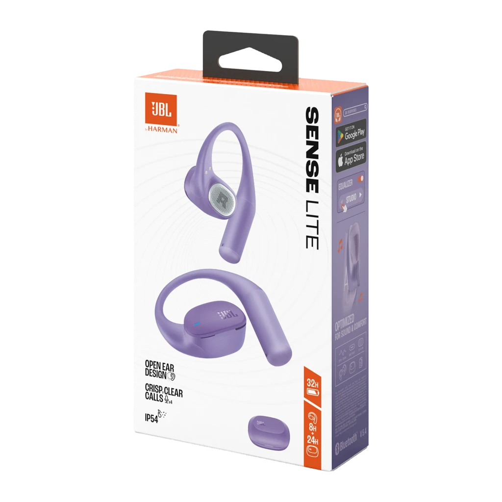 JBL Sense Lite True Wireless Open Earbuds púrpura, vista principal: estuche abierto con logo JBL y auricular derecho con - Ítem5
