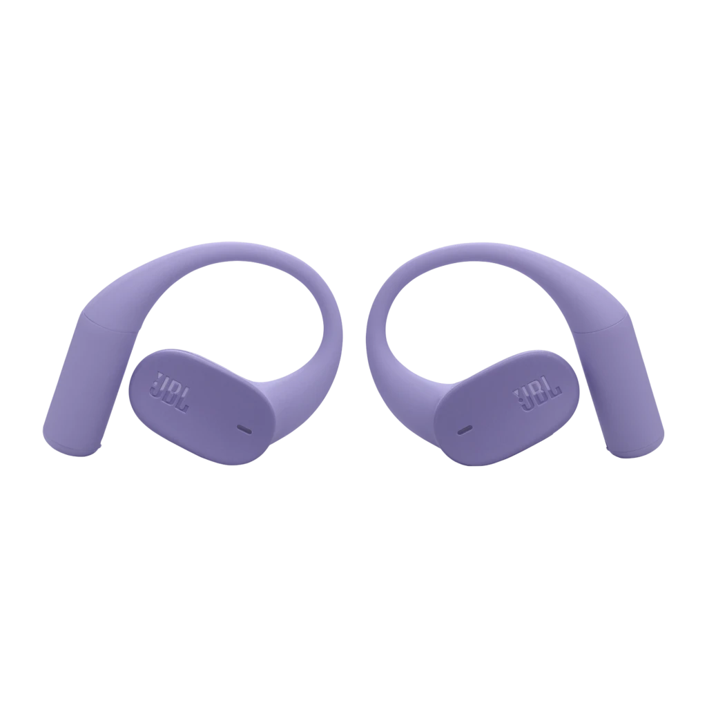 JBL Sense Lite True Wireless Open Earbuds púrpura, vista principal: estuche abierto con logo JBL y auricular derecho con - Ítem3