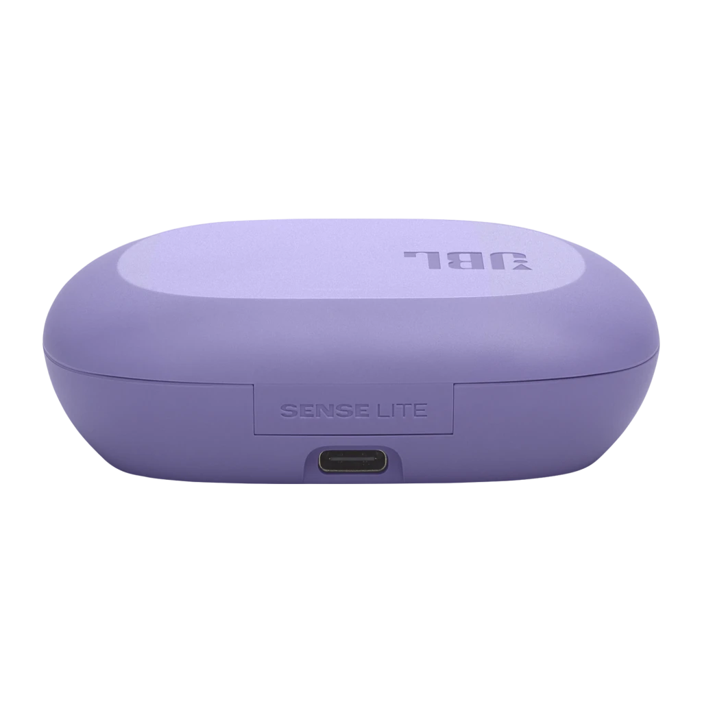 JBL Sense Lite True Wireless Open Earbuds púrpura, vista principal: estuche abierto con logo JBL y auricular derecho con - Ítem4
