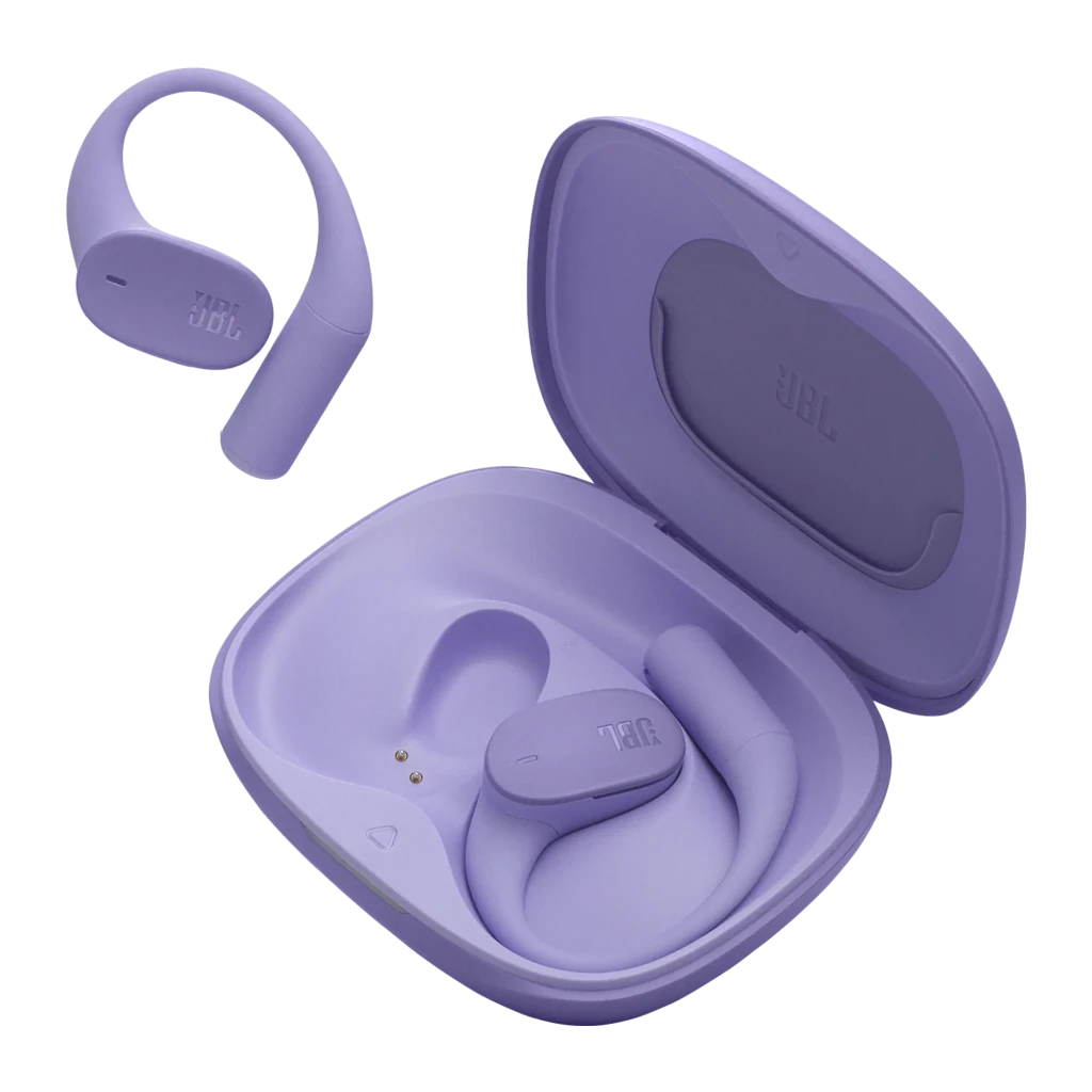 JBL Sense Lite True Wireless Open Earbuds púrpura, vista principal: estuche abierto con logo JBL y auricular derecho con - Ítem6