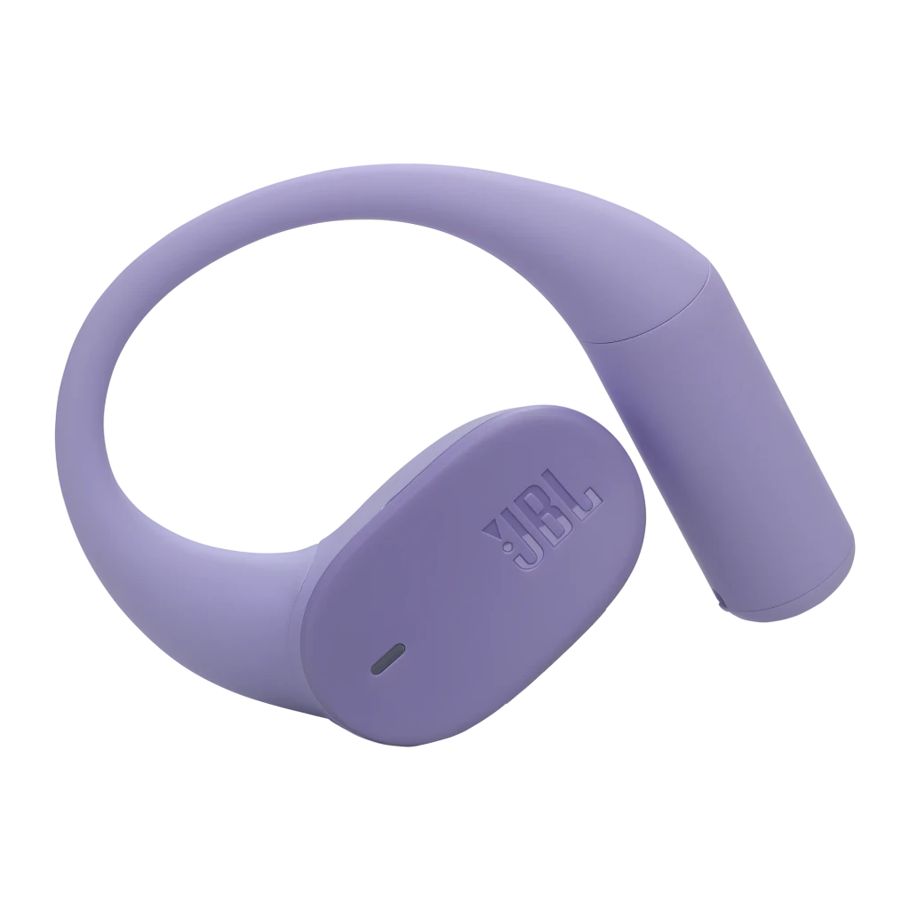 JBL Sense Lite True Wireless Open Earbuds púrpura, vista principal: estuche abierto con logo JBL y auricular derecho con - Ítem7