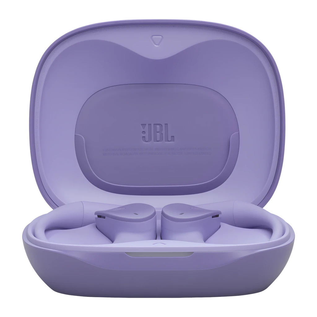 JBL Sense Lite True Wireless Open Earbuds púrpura, vista principal: estuche abierto con logo JBL y auricular derecho con - Ítem8