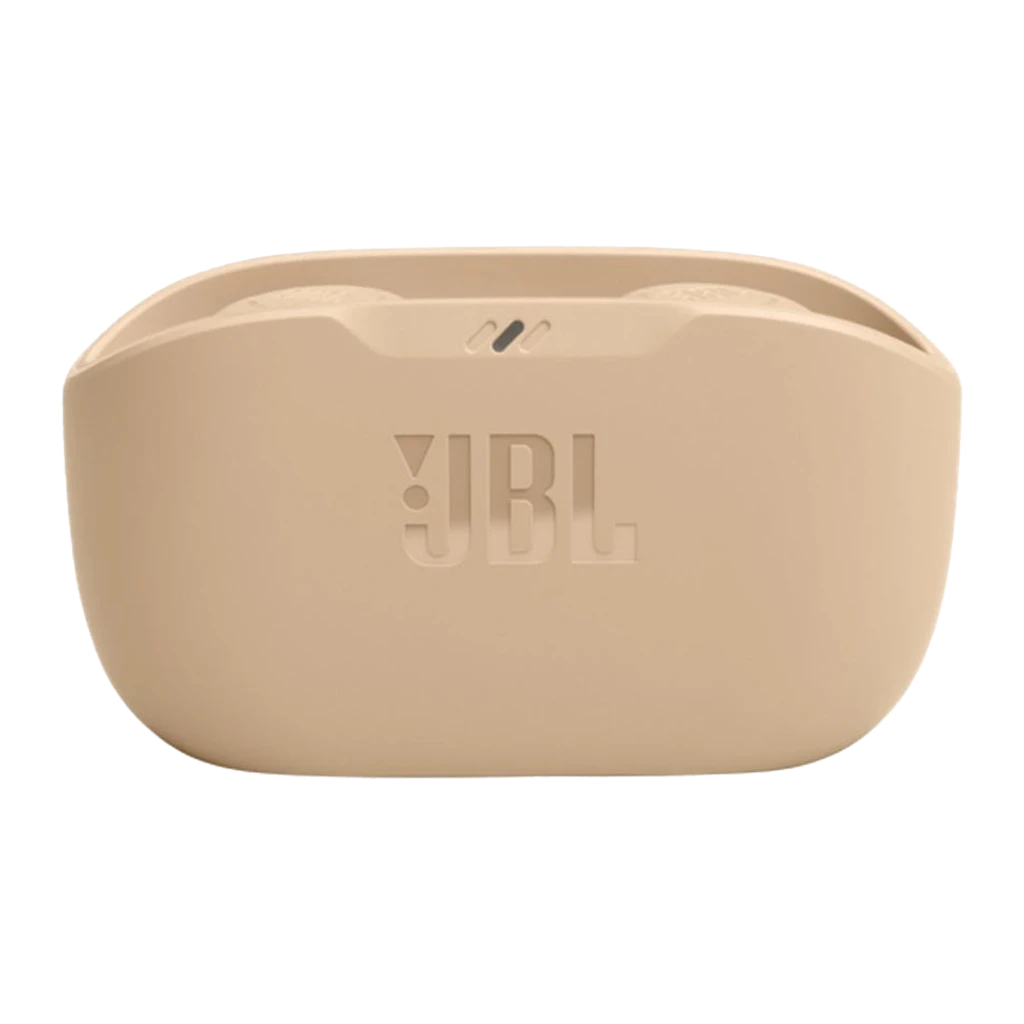JBL Auriculares Wave Buds Bege, vista frontal: estojo fechado com LED verde e auricular direito retirado com luz azul - Item1
