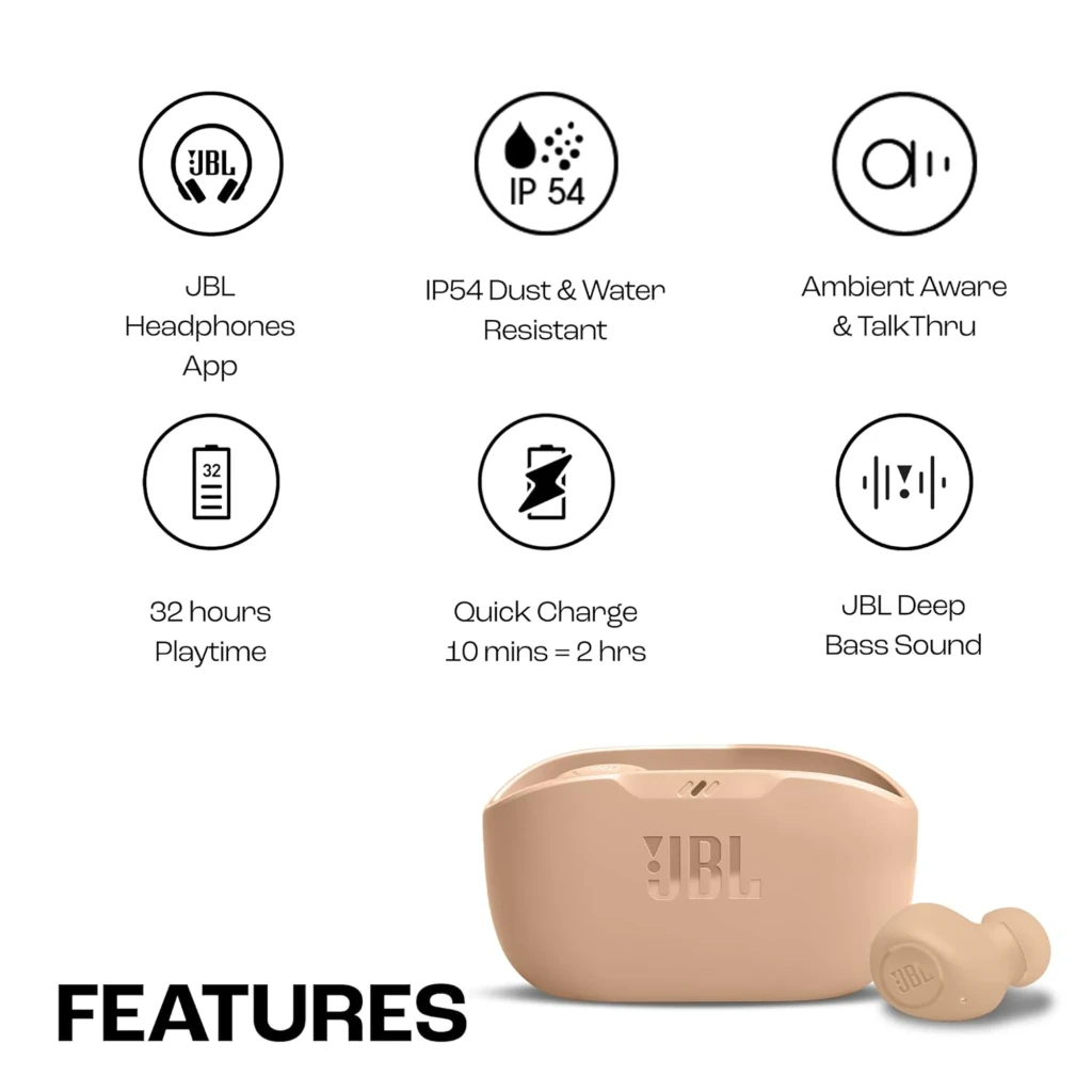 JBL Auriculares Wave Buds Bege, vista frontal: estojo fechado com LED verde e auricular direito retirado com luz azul - Item7