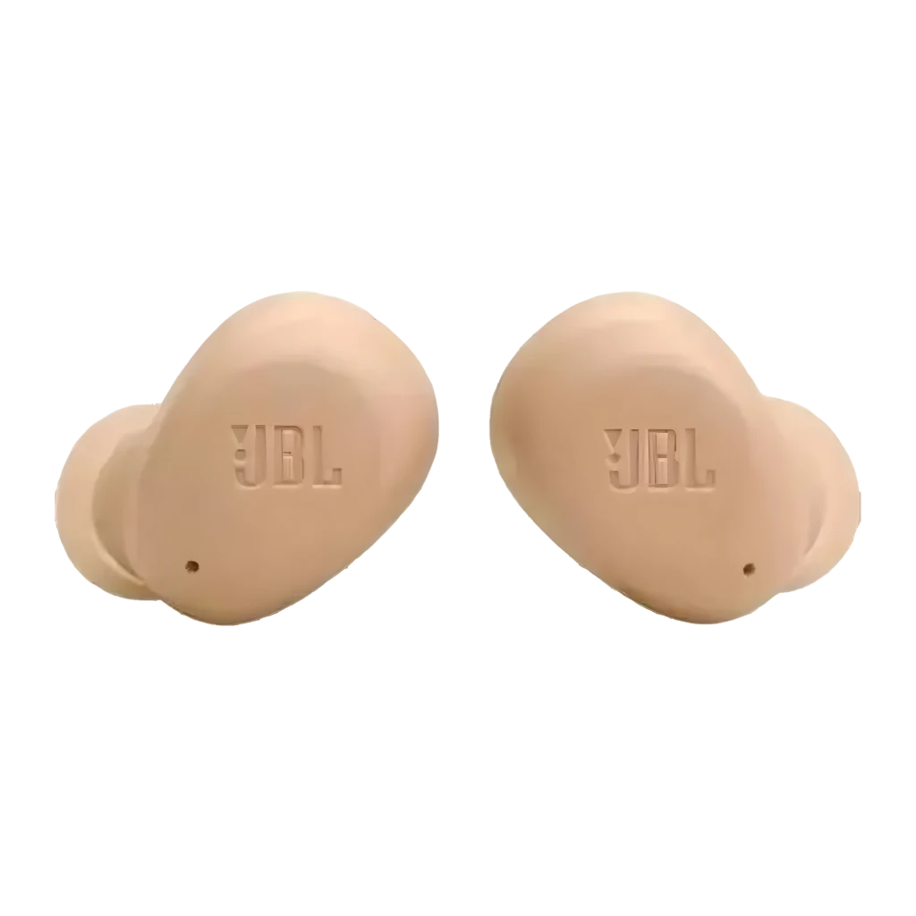 JBL Auriculares Wave Buds Bege, vista frontal: estojo fechado com LED verde e auricular direito retirado com luz azul - Item8