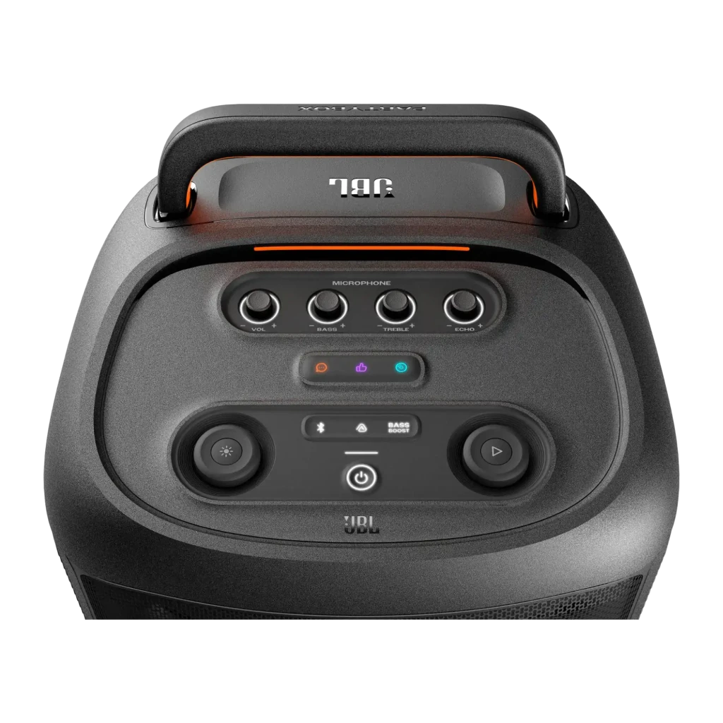 JBL Altavoz Bluetooth PartyBox 520 Negro, vista frontal en ángulo: luces LED naranja y rosa en forma de 8, asa plegada y - Ítem10