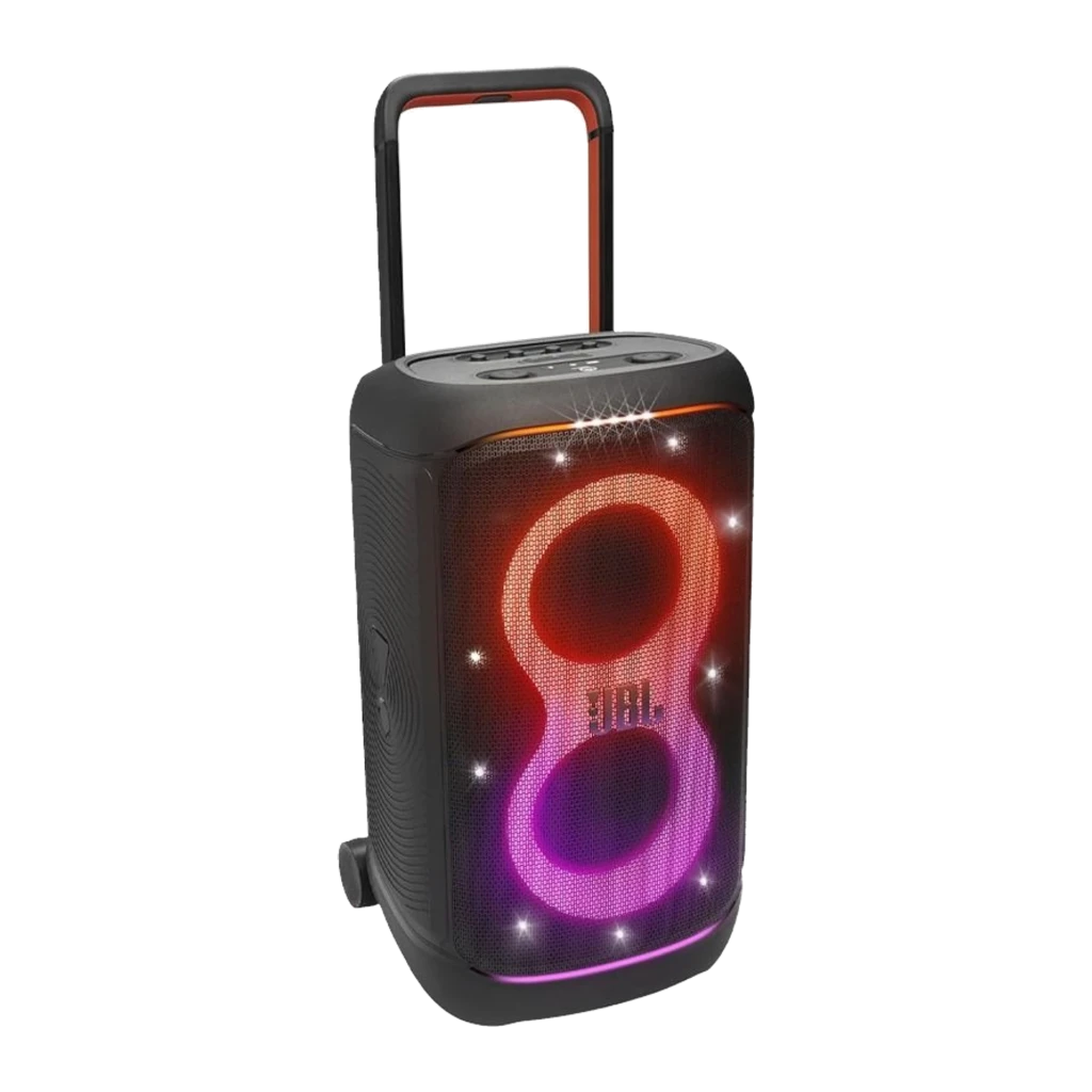 JBL Altavoz Bluetooth PartyBox 520 Negro, vista frontal en ángulo: luces LED naranja y rosa en forma de 8, asa plegada y - Ítem1