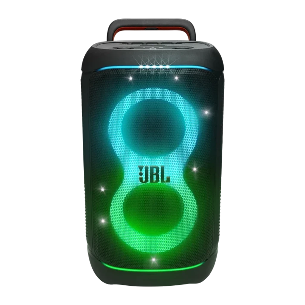 JBL Altavoz Bluetooth PartyBox 520 Negro, vista frontal en ángulo: luces LED naranja y rosa en forma de 8, asa plegada y - Ítem2