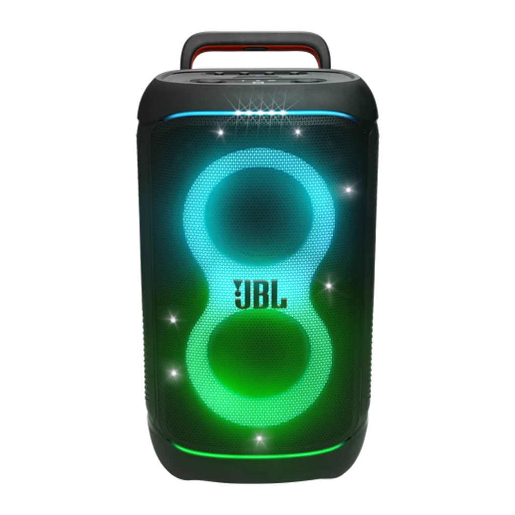 JBL Altavoz Bluetooth PartyBox 520 Negro, vista frontal en ángulo: luces LED naranja y rosa en forma de 8, asa plegada y - Ítem3