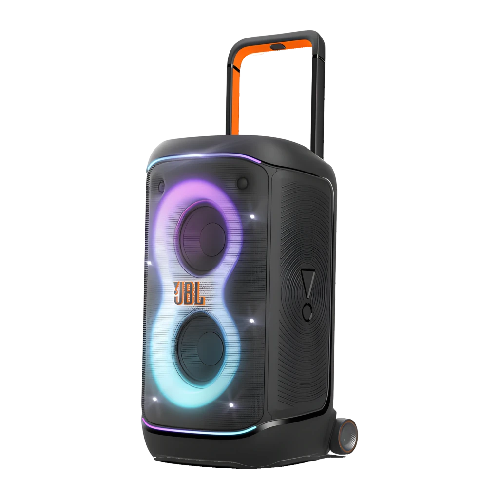 JBL Altavoz Bluetooth PartyBox 520 Negro, vista frontal en ángulo: luces LED naranja y rosa en forma de 8, asa plegada y - Ítem4