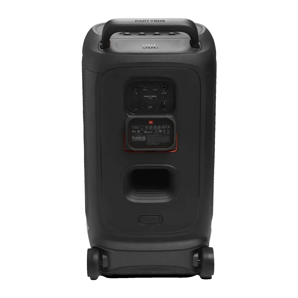 JBL Altavoz Bluetooth PartyBox 520 Negro, vista frontal en ángulo: luces LED naranja y rosa en forma de 8, asa plegada y - Ítem6