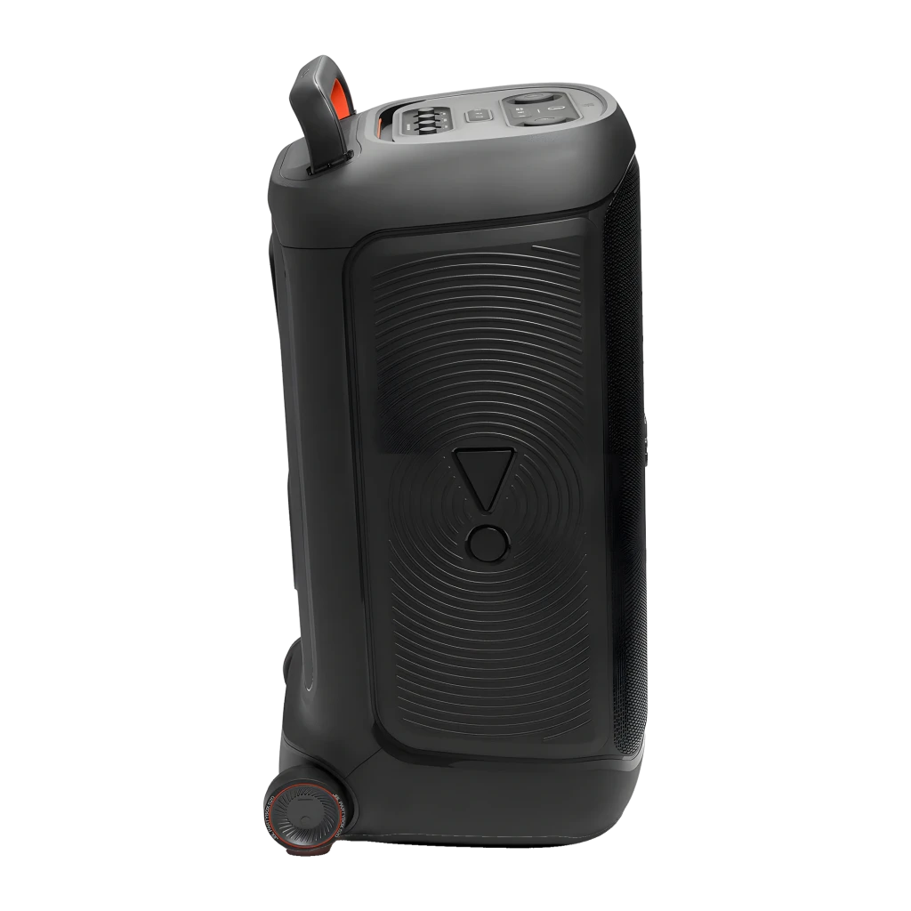 JBL Altavoz Bluetooth PartyBox 520 Negro, vista frontal en ángulo: luces LED naranja y rosa en forma de 8, asa plegada y - Ítem7