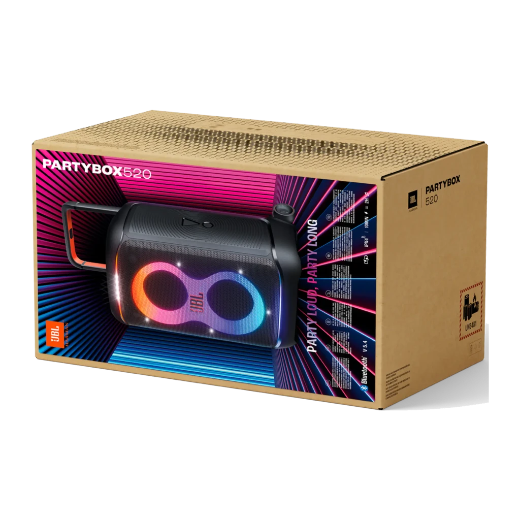 JBL Altavoz Bluetooth PartyBox 520 Negro, vista frontal en ángulo: luces LED naranja y rosa en forma de 8, asa plegada y - Ítem8