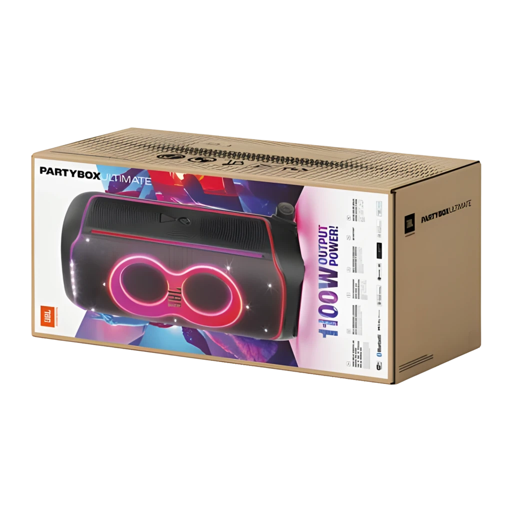 JBL PartyBox Ultimate Negro, vista angular frontal: luces LED naranjas encendidas, panel de controles superior con gotas de - Ítem1