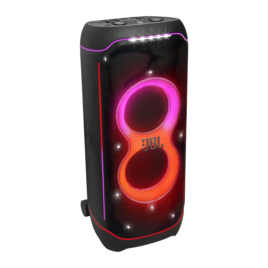 JBL PartyBox Ultimate Negro, vista angular frontal: luces LED naranjas encendidas, panel de controles superior con gotas de - Ítem2