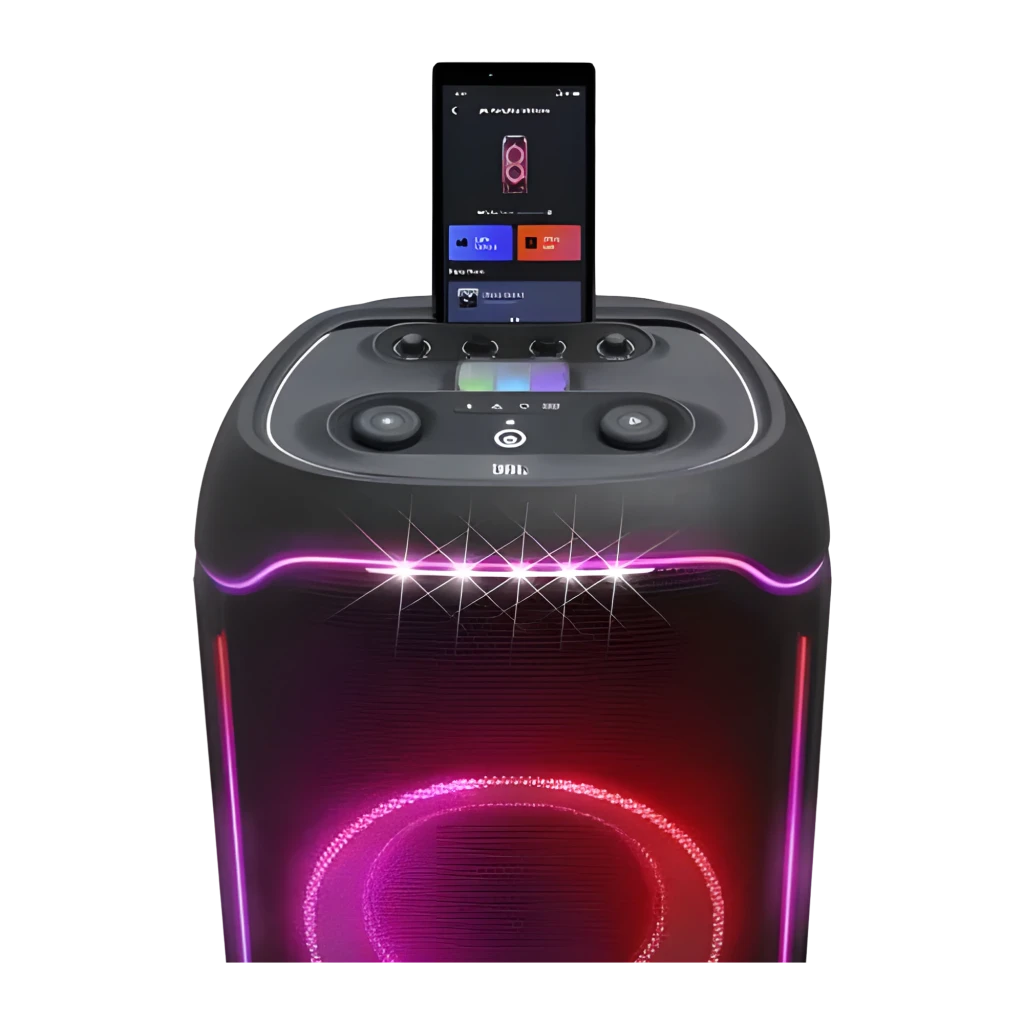 JBL PartyBox Ultimate Negro, vista angular frontal: luces LED naranjas encendidas, panel de controles superior con gotas de - Ítem3